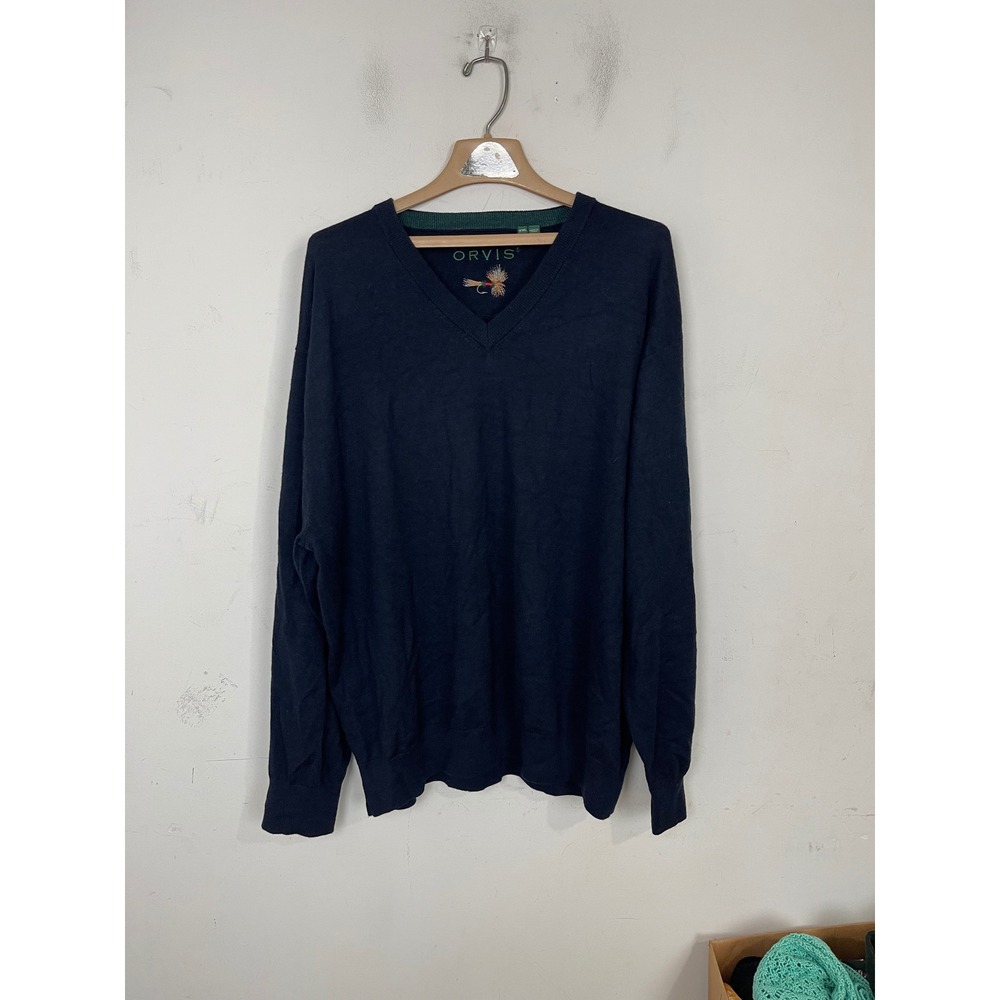 Orvis Mens XXL Navy Blue 100% Merino Wool V-Neck‎ Fly Fishing Lure Sweater